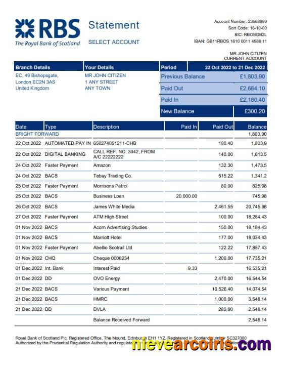 United Kingdom Royal Bank of Scotland (RBS) bank statement, Word and PDF